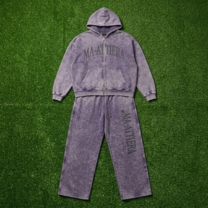 Men Acid Wash <b>Oversized</b> Zip Up Hoodie and Wide Leg <b>Sweatpants</b> Two Piece Tracksuit Set - Product Image 6