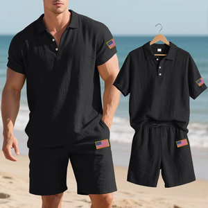 Conjunto de Camiseta Polo y Pantalones Cortos de Algodón Blanco para Hombre, Bordado con la Bandera de EE. UU., Ropa Casual de Verano - Product Image 2
