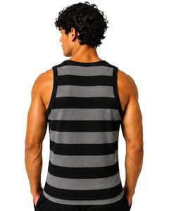 Débardeur en coton rayé noir et gris pour homme – Débardeur décontracté d'été pour la gym et le fitness – Respirant, coupe ample, style streetwear - Product Image 2