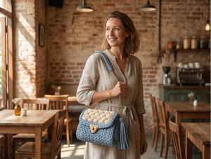 Bolso Trenzado Hecho a Mano en Azul Claro y Crema, Bolso Étnico Elegante con Perlas y Dos Correas, Tejido de Cordón de Algodón para Bolsos Mini de Mujer - Product Image 5