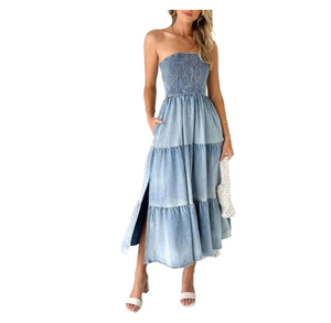 Robe longue en jean sans bretelles avec ourlet superposé à volants et fente latérale, taille élastique, coupe trapèze, décontractée pour l'été - Product Image 4