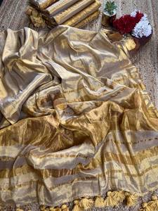 Sari en tissu de lin doré avec pièce de tissu pour la blouse, pour femmes, tenue traditionnelle indienne pour mariage - Product Image 4