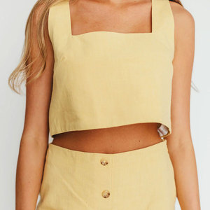 Women 2 Piece Set Sleeveless Crop <b>Top</b> Full Length Skirt Solid Yellow <b>Linen</b> Casual Spring Summer Outfit - Product Image 6