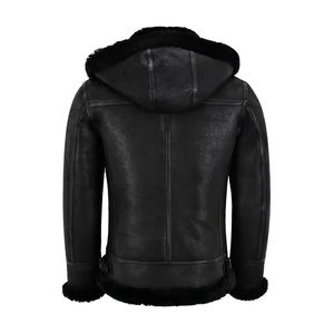 Veste en cuir aviateur B3 noire pour homme, en peau de mouton, style RAF, avec capuche en fourrure noire - Product Image 1