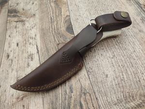 Couteau de chasse et de camping plein tang en acier inoxydable à pointe tombante 58HRC, manche en bois de frêne, étui en cuir Pasha - Product Image 4