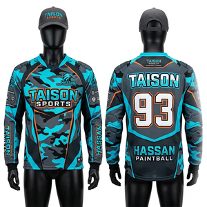 Camiseta de Paintball para Hombre, 180 GSM, Poliéster Premium Transpirable, Diseño de Paneles en Camuflaje Verde Azulado y Negro, Almohadillas Reforzadas, Logotipo Sublimado - Product Image 1