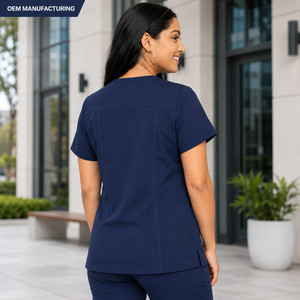 Haut de blouse médicale en tricot bleu marine pour femme, col en V, manches courtes, uniforme médical, tenue de travail hospitalière, personnalisable, service OEM marque privée - Product Image 2
