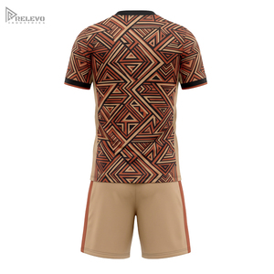Conjunto Deportivo Transpirable de Fútbol con Sublimación Completa OEM, Cuello Redondo, Diseño Tribal Azteca, Pantalones Cortos Color Caqui Arena - Product Image 2