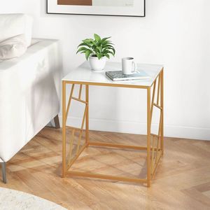 Tavolino Quadrato con Finitura Dorata e Piano in Vetro Temperato, Design Geometrico per Tavoli da Caffè - Product Image 1