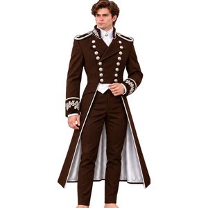Costume de queue-de-pie victorien marron chocolat pour homme, veste longue gothique formelle à double boutonnage avec broderie argentée, pantalon, veste de mariage - Product Image 1