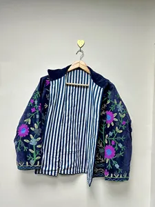เสื้อแจ็คเก็ตกำมะหยี่สีน้ำเงินกรมท่าปักลายซูซานีสำหรับผู้หญิง  ลายดอกไม้ แขนยาว คอตั้ง สไตล์โบฮีเมียน เสื้อคลุมสำหรับฤดูใบไม้ร่วง - Product Image 1