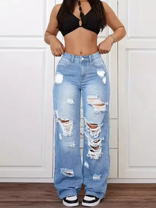 Jean baggy déchiré taille haute pour femme, coupe large, en denim, style streetwear décontracté, mode, OEM, personnalisé, vente en gros - Product Image 5