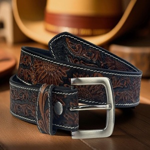 New Men's Casual Brown Western <b>Leather</b> <b>Tooling</b> Belt with Floral Hand Carving Heavy Duty Antique Brass Designer Metal Pin Buckle - Product Image 6