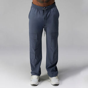 Men's Gray Elastic Waist Cargo <b>Pants</b> With Multiple Pockets Casual Drawstring Joggers Quick Dry Summer Wear - Product Image 3