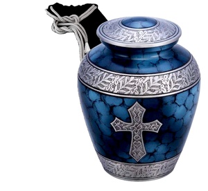 Blue Cross Memorial Cremation <b>Urn</b> for Human Ashes <b>Large</b> Adult Metal Funeral <b>Urn</b> with Velvet Bag Decorative Keepsake - Product Image 1