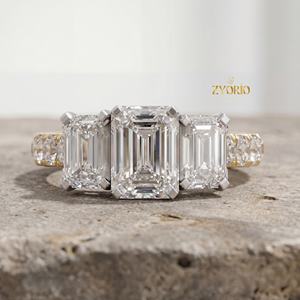 Three Stone <b>Emerald</b> Cut Lab Grown Diamond Engagement <b>Ring</b> 925 <b>Silver</b> Luxury Wedding Band for Party VVS2 Clarity 1 CT Claw - Product Image 2