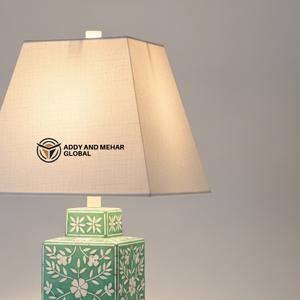 Lanterne de table artisanale en os vert incrusté, motif floral, lampe décorative de chevet carrée de luxe avec abat-jour en tissu pour la maison - Product Image 2