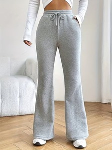 Women High Waist Flared Leg Sweatpants Solid Gray Cotton Spandex Drawstring Side Pockets Full Length Autumn Casual Pants - Product Image 4