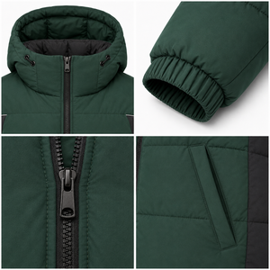 Modern Winter Puffer <b>Jacket</b> Hooded Contrast Design Warm Polyester Filling Custom Embroidered Logo Service Zipper Utility Pockets - Product Image 4