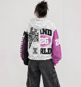 Sudaderas con capucha y cremallera extragrandes personalizadas con estampado gráfico y mangas de cristal con bloques de color, estilo urbano, para unisex. - Product Image 3