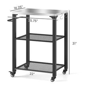 Carrello per Barbecue da Esterno a 3 Ripiani con Piano in Acciaio Inox, Tavolo Mobile per Forno Pizza con Ganci, Maniglia Laterale e Ruote - Product Image 3