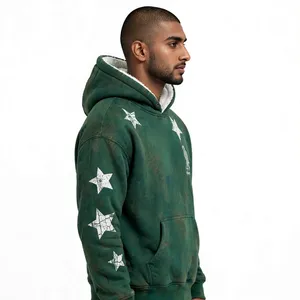 OEM Forest Green Sun Faded <b>Hoodie</b> Vintage Crackle Star <b>Sherpa</b> <b>Lined</b> Shaheen Falcon Grunge Y2K Boxy Oversized Heavyweight 500GSM - Product Image 4