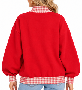 Wholesale OEM <b>Women's</b> <b>Christmas</b> Mock Neck <b>Sweatshirt</b> Red Cotton Fleece Oversized Drop Shoulder Red Gingham Trim Embroidered - Product Image 3