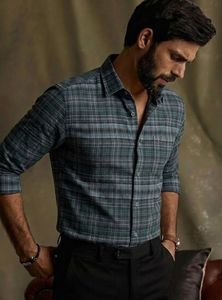 Enovate Men's <b>Emerald</b> Green Plaid 100% Cotton Summer <b>Dress</b> Shirt Double Breasted Full Sleeve Turn-down Collar Smart Casual - Product Image 2
