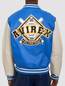 เสื้อแจ็คเก็ตหนัง Avirex American League Champions สีน้ำเงินและสีขาวแบบ Bomber - Product Image 5