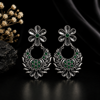 Boucles d'oreilles pendantes classiques en argent oxydé motif fleur, onyx, bijoux traditionnels pour femmes, vente en gros directe usine