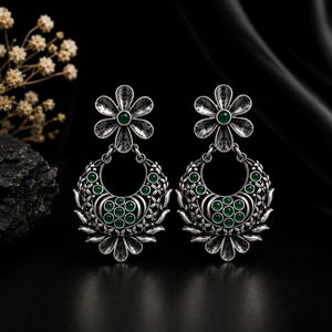 Boucles d'oreilles pendantes classiques en argent oxydé motif fleur, onyx, bijoux traditionnels pour femmes, vente en gros directe usine - Product Image 6