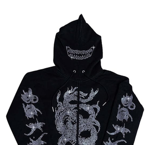 Sweat-shirt à capuche zippé noir surdimensionné pour homme, imprimé dragon en strass, streetwear, tissu tricoté, manches régulières, automne - Product Image 3