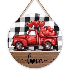 Decorazione per Porta di San Valentino, Insegna in Legno con Camion Rosso e Cuori, Decorazione da Parete per Esterni con Scritta 'Love' - Product Image 1