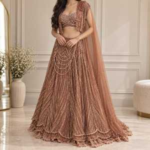 Indian Bridal Lehenga Choli Set With Embellished Blouse <b>Flared</b> Skirt Sheer Dupatta <b>Sequined</b> Ethnic Wedding Wear Party Occasion - Product Image 2