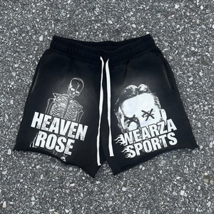 Shorts streetwear pour homme en molleton de coton à imprimé graphique squelette, noir délavé, taille élastique avec cordon de serrage - Product Image 3