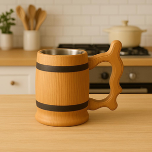 Jarra de Cerveza Premium de Madera Natural con Asa e Inserto de Acero |   Jarra de Cerveza Rústica Hecha a Mano de Madera para Cerveza y Cerveza Artesanal - Product Image 1