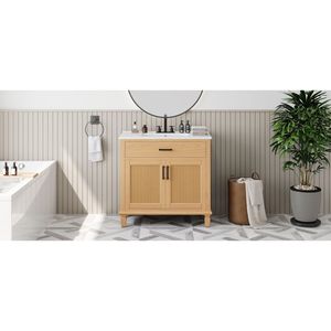 Mobile bagno moderno in rattan da 36 pollici con lavabo in ceramica, ante e cassetti a chiusura ammortizzata, e rivestimento per vasca autoportante - Product Image 5