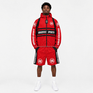 Windbreaker Set Men 2 Piece Red Windbreaker Set Streetwear Full-<b>Zip</b>-Up <b>Hooded</b> Jacket Shorts - Product Image 1