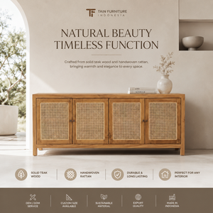 Mueble de Salón de Teca y Ratán con 4 Puertas, Aparador de Madera Natural para Almacenamiento, Ideal para Hoteles, Villas y Proyectos Residenciales - Product Image 1