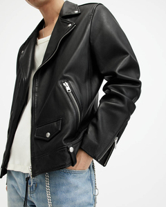 Blouson moto en cuir PU noir pour homme, coupe classique, col rabattable, fermeture éclair, couleur unie, style motard, vêtement d'automne - Product Image 2