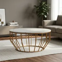 Table basse ronde en marbre blanc avec base en métal doré, design moderne, facile à nettoyer, meubles de salon