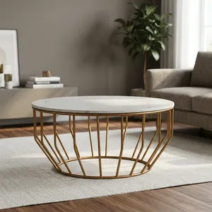 Mesa de Centro Redonda con Tapa de Madera Blanca y Base de Metal Dorado, Diseño Moderno, Fácil de Limpiar, Muebles para Sala de Estar - Product Image 5