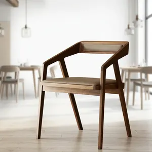 Modern Wooden Restaurant <b>Armchair</b> with Beige Cushioned Seat Curved Backrest and Tapered Legs for Cafe Home <b>Dining</b> Furniture - Product Image 3