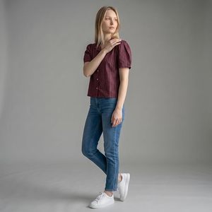 Vintage Rayon Crop Shirt Women Casual Oversized Breathable Pinstripe <b>Maroon</b> - Product Image 5