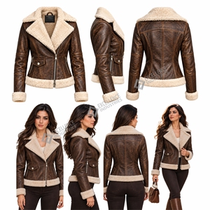 Chaqueta de aviador de piel sintética para mujer, abrigo de motociclista con forro polar cálido, cuello ancho, cremallera frontal, ropa exterior informal de invierno - Product Image 6