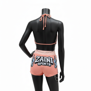 Premium Polyester Spandex <b>Stretch</b> Knit Women Bikini Set Peach Panel <b>Shorts</b> Custom Embroidery Logo women for Bikini Set - Product Image 2