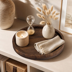 Round Wooden Serving Tray with Raised <b>Edge</b> Handmade Decorative Display Organizer for Coffee <b>Table</b> Home <b>Living</b> Room Decor - Product Image 4