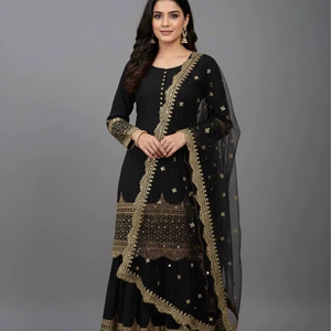 Women's Crunchy Silk Sharara Set Full Sleeves <b>Top</b> Embroidered Dupatta-Quick Dry <b>Indian</b> Traditional Modern Style All Seasons - Product Image 1