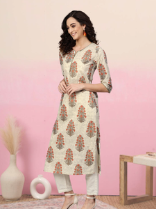 ชุดคุर्ตาผ้าฝ้ายแคมบริคสีเบจสำหรับผู้หญิง ตกแต่งด้วยเลื่อม แขนสามส่วน ทรงตรง สวมใส่สบายๆ สไตล์ชาติพันธุ์ สำหรับฤดูร้อน แห้งเร็ว ผลิตจากวัสดุรีไซเคิล - Product Image 2