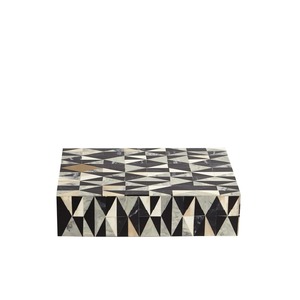 Table basse rectangulaire en marbre géométrique moderne, design artisanal, motif noir, blanc, gris, avec boîte de rangement à 1 niveau - Product Image 1